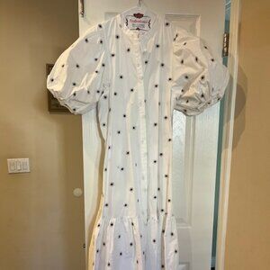 Zara white puff sleeve long embroidered dress seen on Trinny Woodall size M